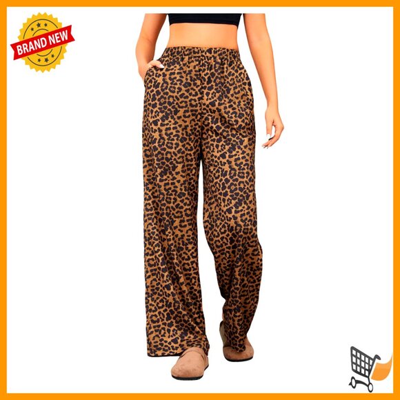 Leopard Print Elastic High Waist Wide Leg Trousers Casual Chic Loose Fit